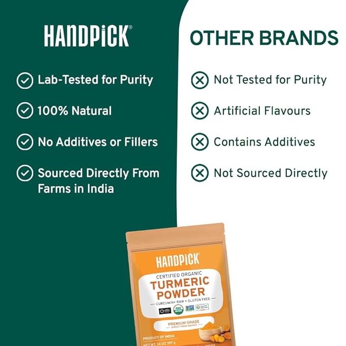 HANDPICK, Organic Turmeric Powder with Curcumin (397g/14oz) Gluten Free | Made from Turmeric Root | Raw Turmeric Powdered from India