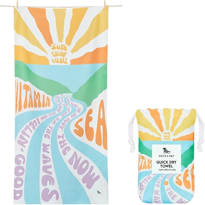 Dock & Bay Beach Towel - Quick Dry, Sand Free - Compact, Lightweight - 100% Recycled - Includes Bag - Vitamin Sea - Extra Large (200x90cm, 78x35)