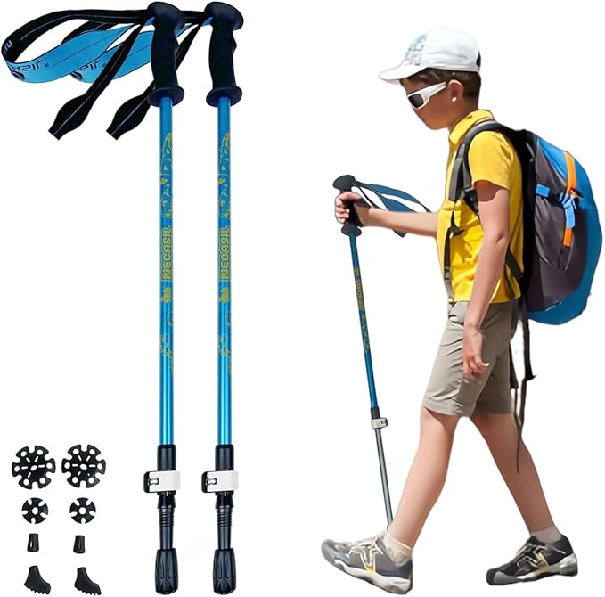 Kids Hiking Poles, 2PCS Todder Collapsible Trekking Poles for Hiking, Ski, Outdoor Activities, Todder Hiking Essentials for Boys and Girls, Blue, Pink Available