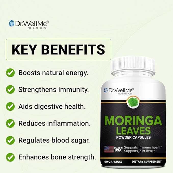 Dr.WellMe - Moringa Leaves Powder 90 Capsules – Natural Immune Health Support, Boosts Energy & Vitality, Joint Health, Improves Digestion, Rich in Antioxidants & Reduces Inflammation
