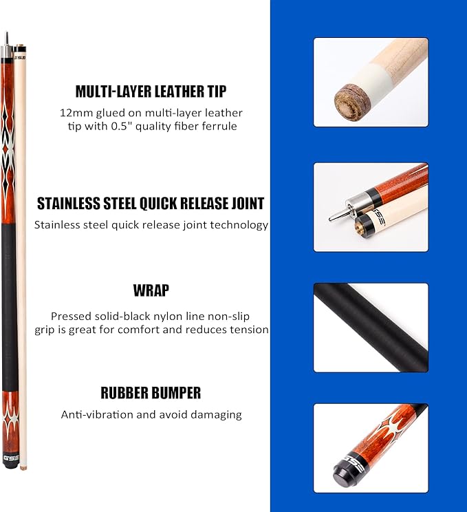 GSE Games & Sports Expert 58" 2-Piece Canadian Maple Hardwood Billiard Pool Cue Sticks for Men/Women, House or Commercial/Bar Use (Several Colors, Weight 18oz, 19oz, 20oz, 21oz Available)