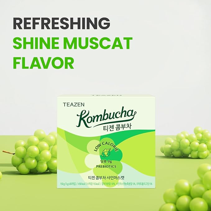 TEAZEN Shine Muscat Kombucha Tea, Electrolyte & Hydration Drink Mix, Sugar Free, Live Probiotics & Prebiotics, 30 Sticks, 5.29oz