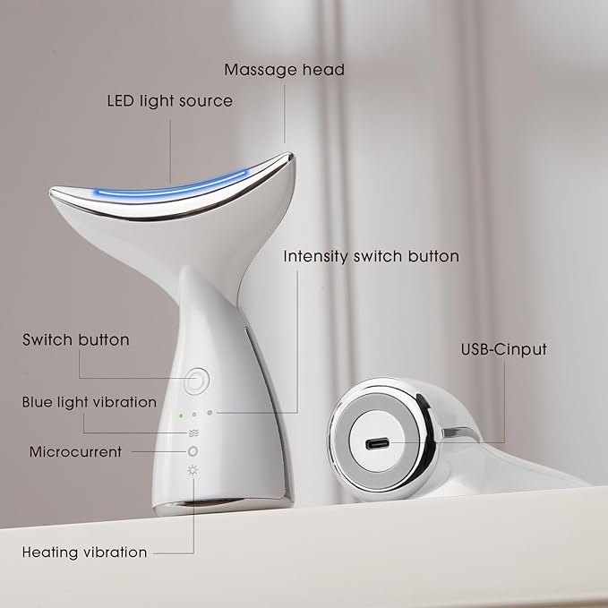 Face & Neck Massager | White LED Red-Light-Therapy-for-Face and Neck, Red Light Therapy Wand, 3 Color Led Massager for Skin Care