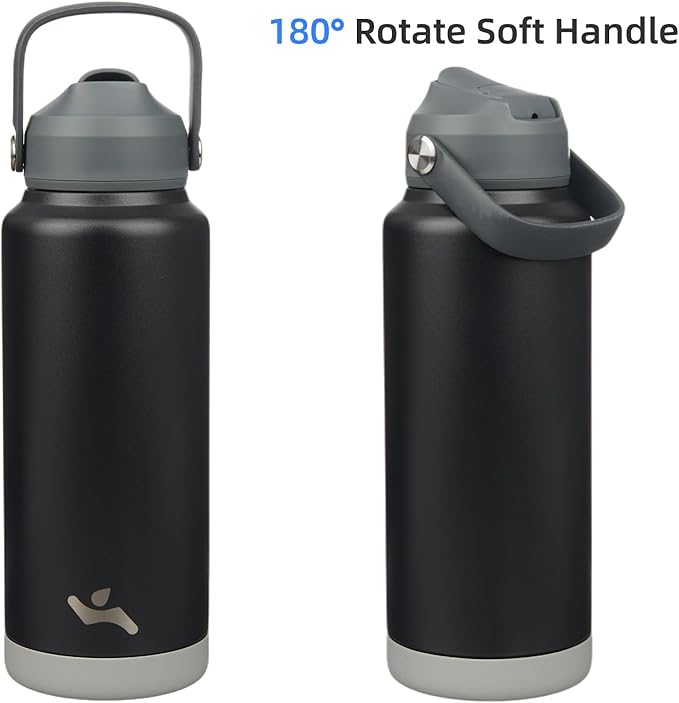 Insulated Water Bottle with Straw Lid,32 oz Stainless Steel Vacuum Metal Bottle with Silicone Handle,Black