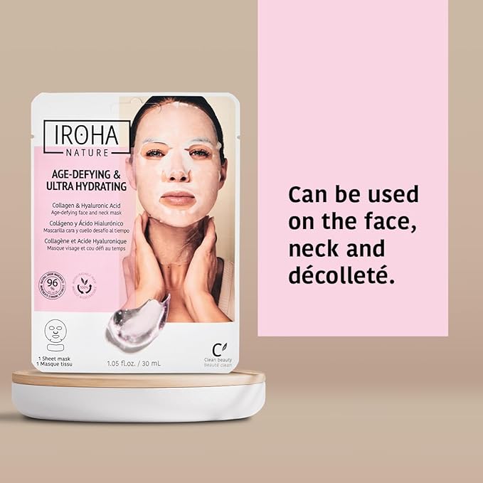 IROHA NATURE Anti-Aging Face & Neck Tissue Mask with Collagen (Pack of 15) | Firms and Prevents Wrinkles and Fine Lines | Visible Results in 15 Minutes | 96% Natural Ingredients | Mature Skin