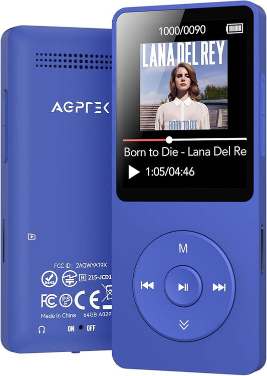 AGPTEK A02 MP3 Player with Bluetooth 5.3, 1.8 inch Screen Portable Music Player with Speaker, FM Radio, Voice Recorder, Supports Expanded Up to 128GB(Blue, 64GB)