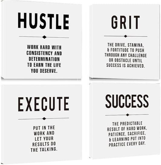 Motivational Grit Success Execute Hustle White Quotes Canvas Wall Art -Inspirational Wall Art Poster Canvas Artwork Picture Print Framed for Home Bedroom-12 x12 x4pcs