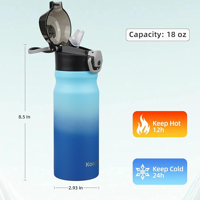 Insulated Water Bottle with Straw and Carry Loop,18 oz Stainless Steel Double Wall Vaccum Metal Water Flask with Leak-proof Lid,Sky