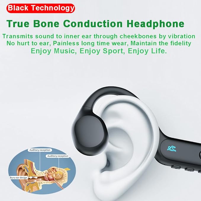 IHAO Swimming Headphones True Bone Conduction Open Ear Headset MP3 Player Built-in 32G Memory IP68 Underwater Waterproof Stereo Bluetooth Earphone for Driving Bicycling Running Skiing-X6 Black
