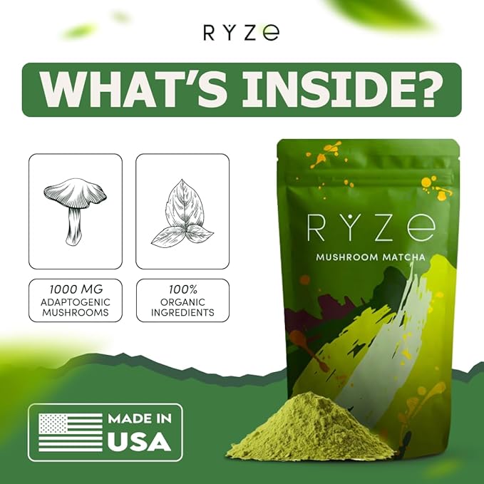 RYZE SUPERFOODS Mushroom Matcha, USDA Organic with 6 Adaptogenic Mushrooms and Ceremonial-Grade Matcha for Energy, Focus, Digestion, Immunity with Turkey Tail, Shiitake, Lion's Mane, 30 servings