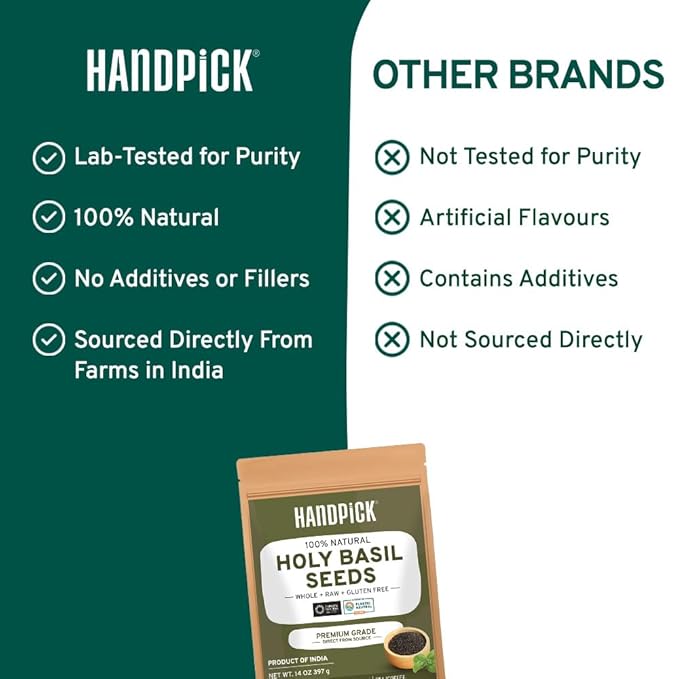 HANDPICK Holy Basil Seeds (397g/14oz) Gluten free, Raw Sabja, Tukmaria Seeds from India, Packed in Resealable Zip Lock Pouch
