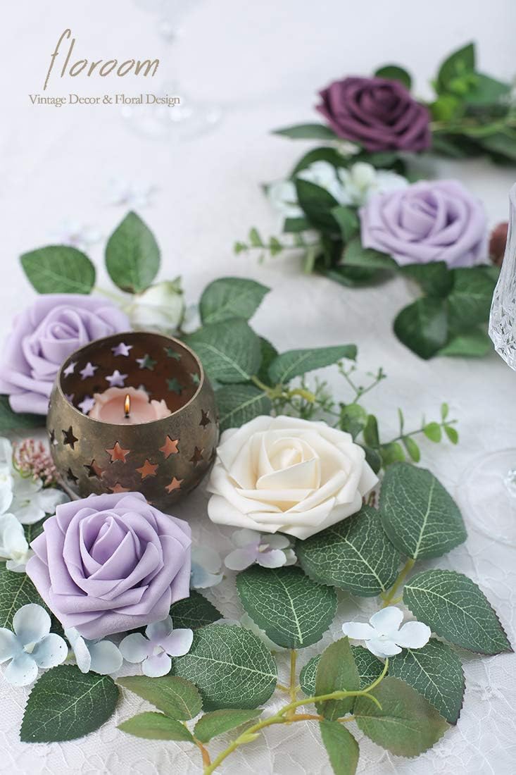 Floroom Artificial Flowers 25pcs Real Looking Lilac Foam Fake Roses with Stems for DIY Wedding Bouquets Bridal Shower Centerpieces Floral Arrangements Party Tables Home Decorations