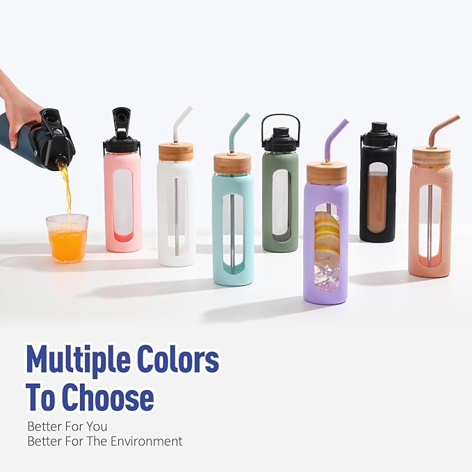 Kodrine Water Bottle with Straw, 24 oz Glass water Bottle with 2 Lids Bamboo Straw Lid and Spout Lid with Handle, 32 oz Clear Water Bottle Glass for Sports Travel, Waterbottle with Time Marker