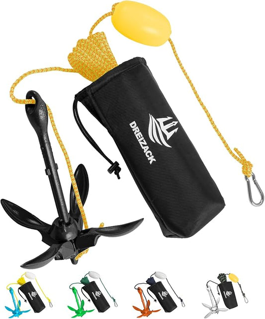 Dreizack Kayak Anchor Kit, 3.5 lb Folding Grapnel Boat Anchor Trolley Accessories with 40ft Rope and PVC Buoy for Fishing Kayaks SUP Paddle Boards Canoes Jet Ski PWC Inflatable Small Boats