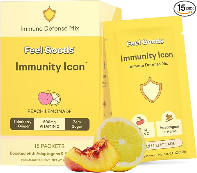 Feel Goods Immunity Icon, Zero Sugar, Vitamin C, A, B, D, E & Zinc, Organic Elderberry, Ashwagandha, Drink Mix Powder, Vegan, Non GMO, Caffeine & Gluten Free | Peach Lemonade, 15 Count