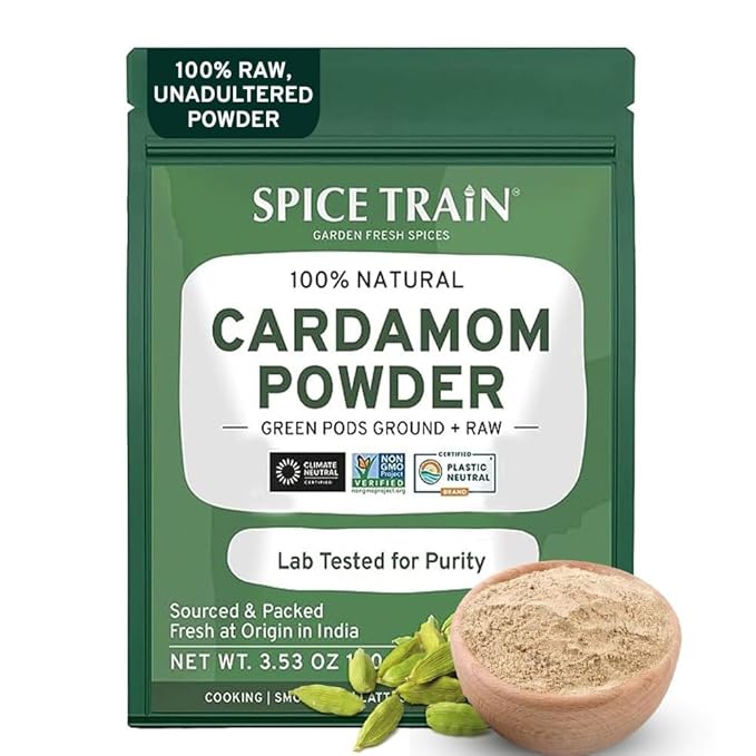 Cardamom Powder (100g/3.53oz) Gluten Free, Raw Ground Elaichi for Cooking, Smoothies, Lattes, Masala Tea, Packed in Resealable Zip Lock Pouch