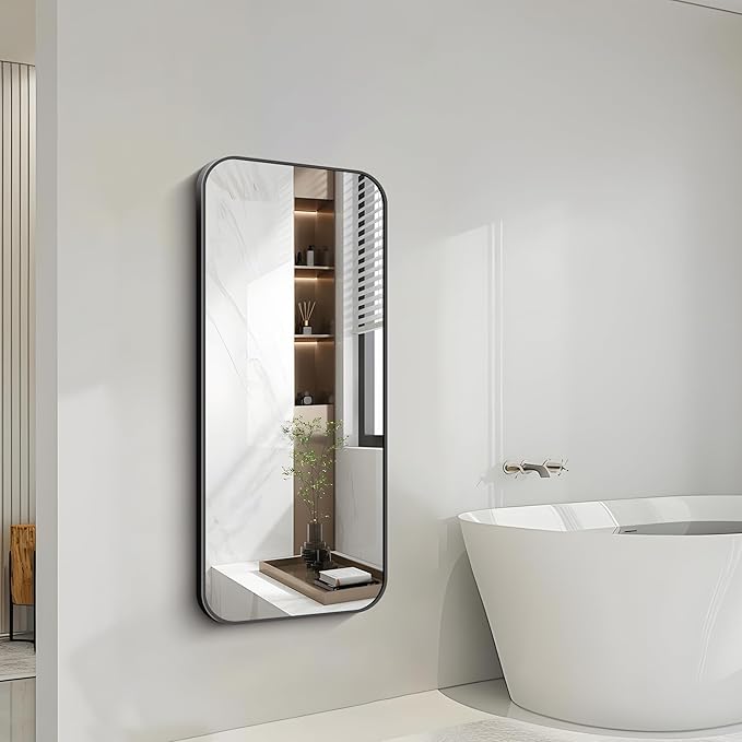 FORBATH Bathroom Mirror 20" x 48", Rectangle Black Bathroom Mirror with Black Aluminum Frame Rounded Corner, Wall Mounted Mirror for Bedroom Entryway Living Room