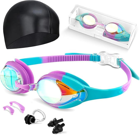 Kids Swim Goggles, Anti-fog and UV Protection with Swim Cap for Age 3-15 Youth Boys Girls Toddler