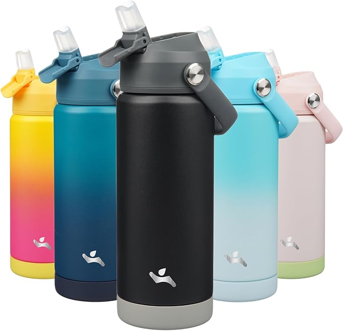 Insulated Water Bottle with Straw Lid,18 oz Stainless Steel Vacuum Metal Bottle with Silicone Handle,Black
