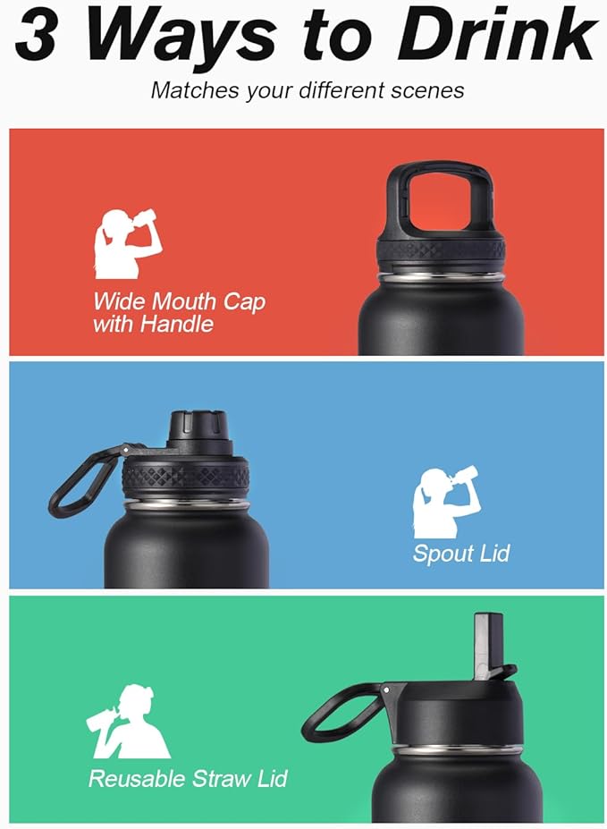Water Bottle 32 oz Insulated with Straw, Coolflask Stainless Steel Metal 3 Lids Water Flask Wide Mouth for Sports or Office, Non-BPA Keep Cold Up to 48 Hrs or Hot Up to 24 Hrs, Magic Black