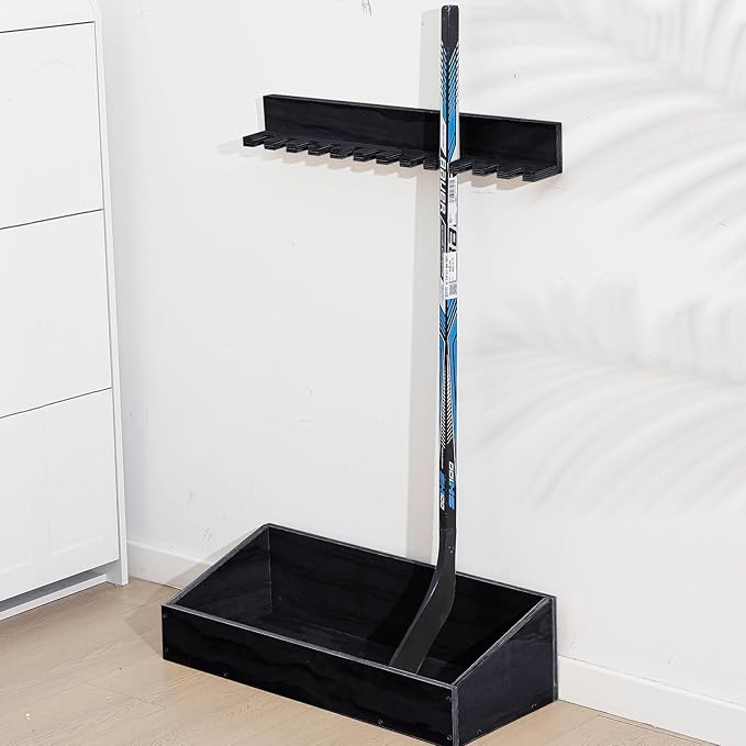 Leinuosen Hockey Stick Holder Wall Mounted and Vertical 2 in 1 Wooden Ice Hockey Rack Organizer Storage and Display Large Capacity Organizer Holds up to Sticks for Player Gifts