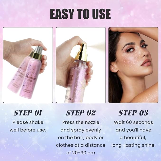 Glitter Spray for Hair and Body, Glitter Body Spray, Glitter Spray for Clothes, Quick-Drying Waterproofing Body Shimmer Suitable for Festival Rave 3.72fl Oz (Purple, 3.72 fl oz)