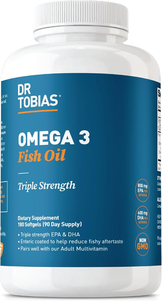 Dr. Tobias Omega 3 Fish Oil, 2000mg Triple Strength with 800mg EPA 600mg DHA Per Serving, Fish Oil Omega 3 Supplements for Heart, Brain & Immune Support, 180 Softgels, 90 Servings
