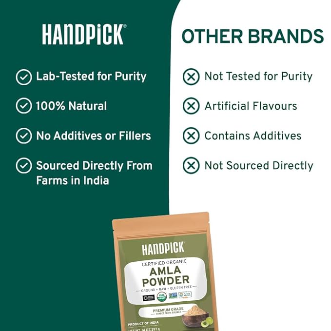 HANDPICK Organic Amla Powder (14oz) Amalaki, USDA Organic, Non-GMO | 100% Raw and Natural - Lab Tested for Purity | Indian Gooseberry Powder | Resealable Zip Lock Pouch