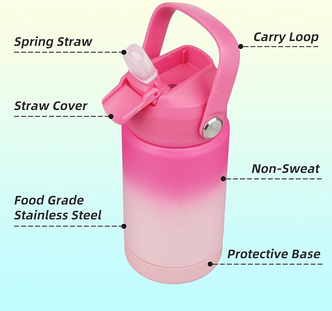 Insulated Water Bottle with Straw Lid,12 oz Stainless Steel Vacuum Metal Bottle with Silicone Handle,Cherry Blossom