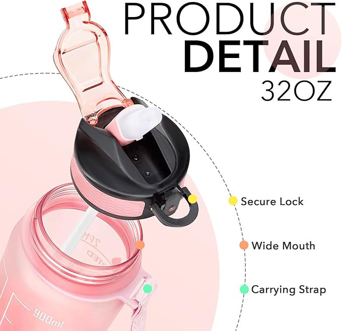 Hyeta 32 oz Water Bottles with Times to Drink and Straw, Motivational Water Bottle with Time Marker, Leakproof, Drinking Sports Water Bottle for Fitness, Gym and Outdoor