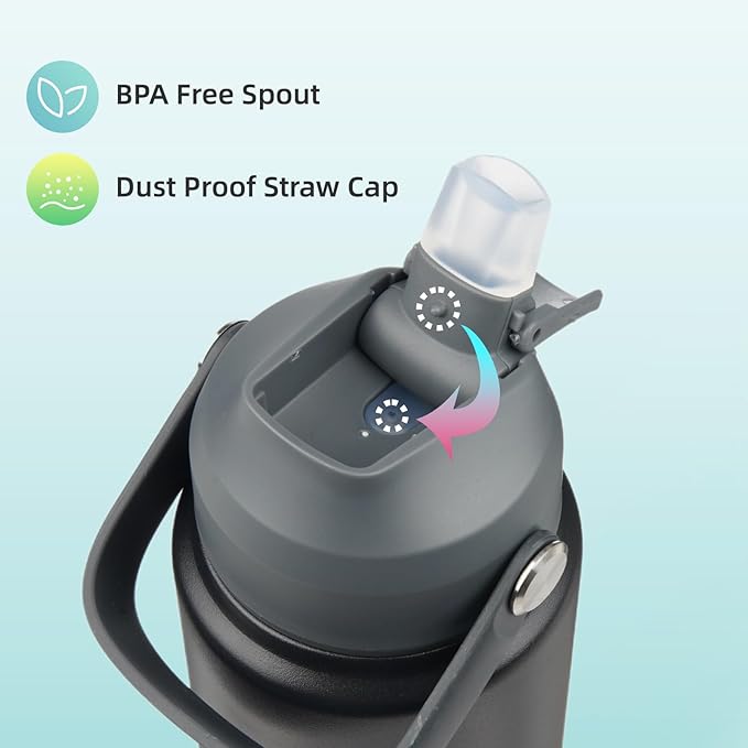 Insulated Water Bottle with Straw Lid,18 oz Stainless Steel Vacuum Metal Bottle with Silicone Handle,Black