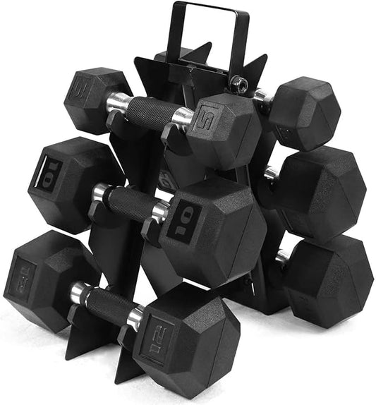 WF Athletic Supply Rubber Encased Hex Dumbbells with Rubber Grip Contoured Handle for Muscle Toning, Strength Building & Full Body Workout