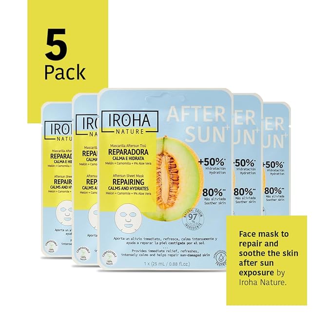 IROHA NATURE, Skin Care Mask to Repair and Soothe After Sun Exposure - Pack of 5 Pieces