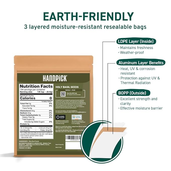 HANDPICK Holy Basil Seeds (397g/14oz) Gluten free, Raw Sabja, Tukmaria Seeds from India, Packed in Resealable Zip Lock Pouch