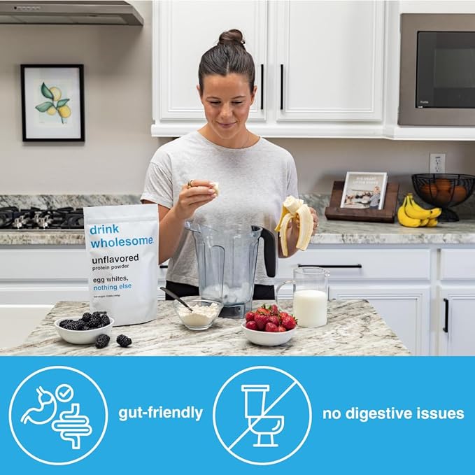 drink wholesome Unflavored Egg White Protein Powder | for Sensitive Stomachs | Gut Friendly | Dairy Free | Low FODMAP | No Artificial Sweeteners | No Bloating or Gas | No Constipation or Diarrhea