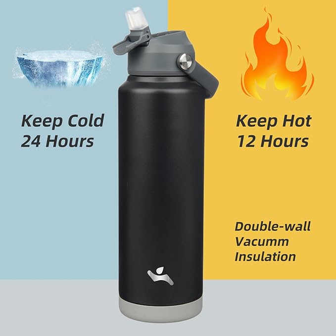 Insulated Water Bottle with Straw Lid,40 oz Stainless Steel Vacuum Metal Bottle with Silicone Handle,Black