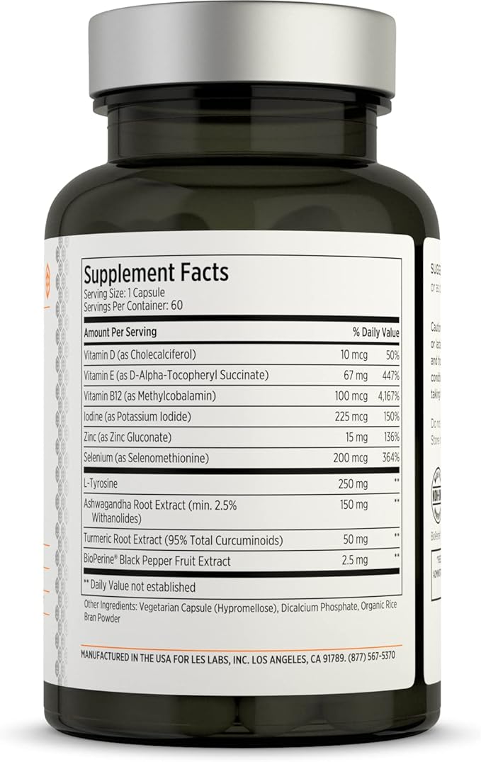 LES Labs Thyroid Support – Metabolic Health, Thyroid Hormone Production, Energy & Focus – Iodine, L-Tyrosine, Ashwagandha, Selenium & Turmeric – Non-GMO Supplement – 60 Capsules