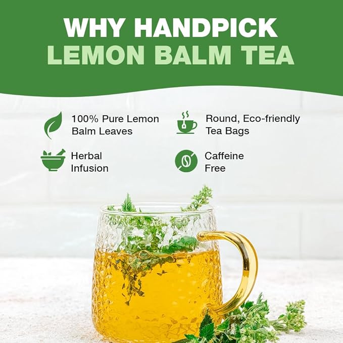 HANDPICK Lemon Balm Tea Bags – 100 Count | 100% Pure Natural Dried Lemon Balm Herb | Caffeine-Free Herbal Tea with Citrus Flavor & Aroma | Round Eco-conscious Teabags