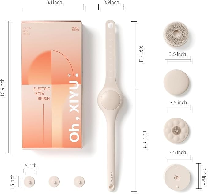 Electric Body Brush Back Scrubber for Shower, Waterproof Long Dual Handle Power Body Scrubber with 3 Heads, Rechargeable Bath Brush & 2 Speeds, for Cleansing, Exfoliating and Massaging Skin