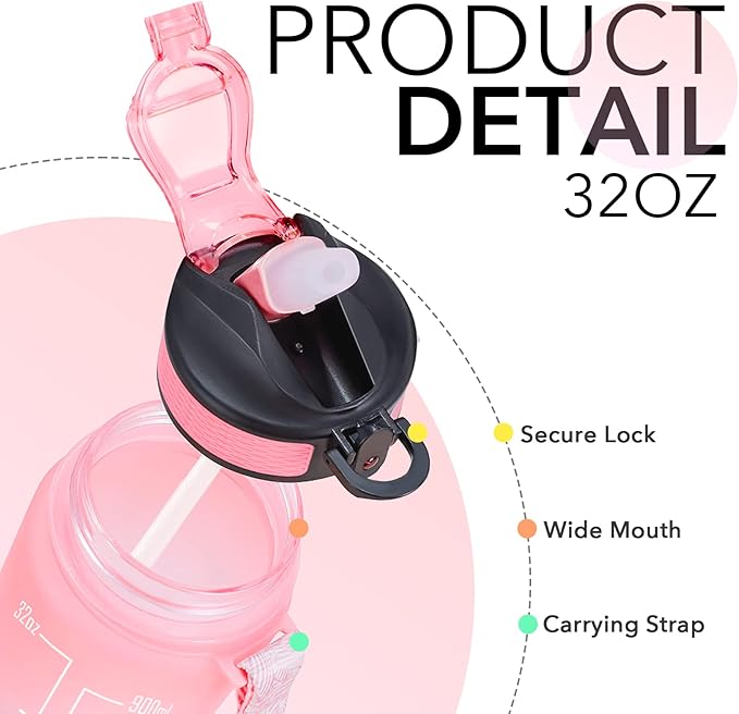 Hyeta 32 oz Water Bottles with Times to Drink and Straw, Motivational Water Bottle with Time Marker, Leakproof, Drinking Sports Water Bottle for Fitness, Gym and Outdoor