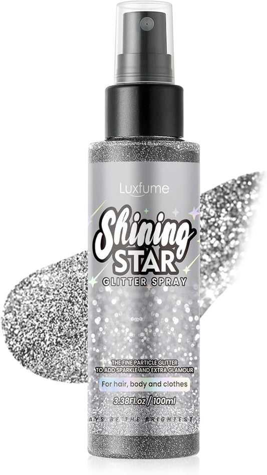 Glitter Spray for Hair and Body, Silver Body Glitter Spray, Quick-Drying and Waterproof Glitter Hairspray, Nozzles are not Easily clogged, Long-Lasting for Stage Makeup, 3.38 oz