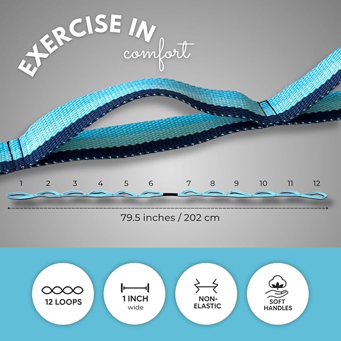 California Yoga Strap | Yoga Belt with Loops | 12 Multi Loop & Non-Elastic | Stretching Strap | Gym Workout & Exercise Bands | Physical Therapy | Improves Sitting Posture for Women & Men