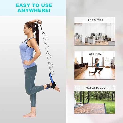 Foot and Calf Stretcher Stretching Strap For Plantar Fasciitis, Heel Spurs, Foot Drop, Achilles Tendonitis & Hamstring. Yoga & Leg Stretch Strap. (Blue)