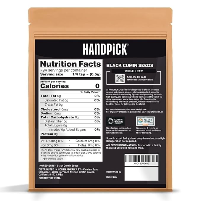 HANDPICK Black Cumin Seed (14oz) Pure Nigella Seeds - No Salt or Preservatives, Non GMO | Indian Black Whole Cumin | Gluten Free, Aromatic & Farm Fresh Kalonji | Resealable Zip Lock Pouch