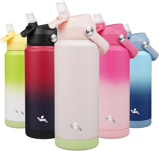 Insulated Water Bottle with Straw Lid,24 oz Stainless Steel Vacuum Metal Bottle with Silicone Handle,Pearl