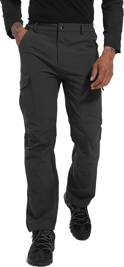 Men's Snow Ski Hiking Pants Winter Fleece Lined Softshell Outdoor Waterproof Insulated Cargo Work Pants