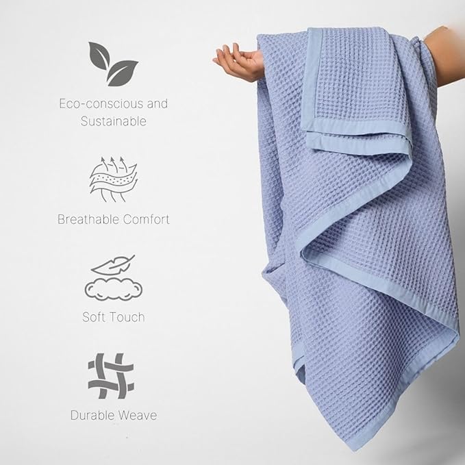 GOTS Certified Organic Cotton Waffle Weave Blanket, King Bed Size,108"X90" Cozy Throw Blanket for Couch, Modern Home Decor, Throw Blankets, Waffle Blanket, Soft Bed Blankets - Powder Blue