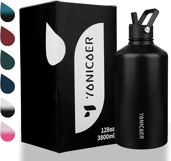 Insulated Water Bottle 64oz,Triple Wall Vacuum Stainless Steel(Dishwasher Safe),Leak Proof & Non-BPA,Flask Jug with Paracord Handle & Straw Spout Lids Sports