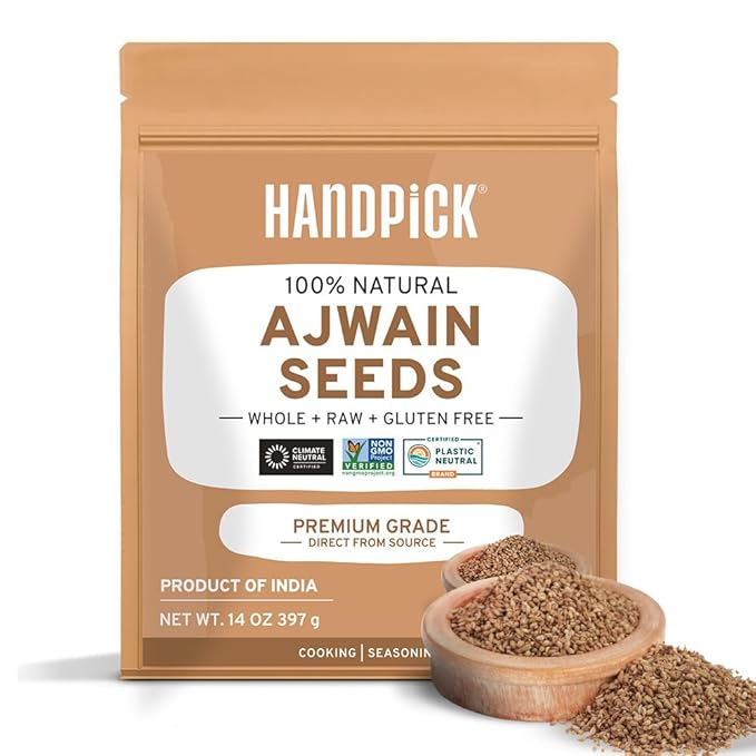 HANDPICK Ajwain Seeds (397g/14oz) Whole Carom Seeds | Vegan, Gluten free, Non GMO | Raw Carom Bishops, Indian Origin | Packed in Resealable Ziplock Pouch