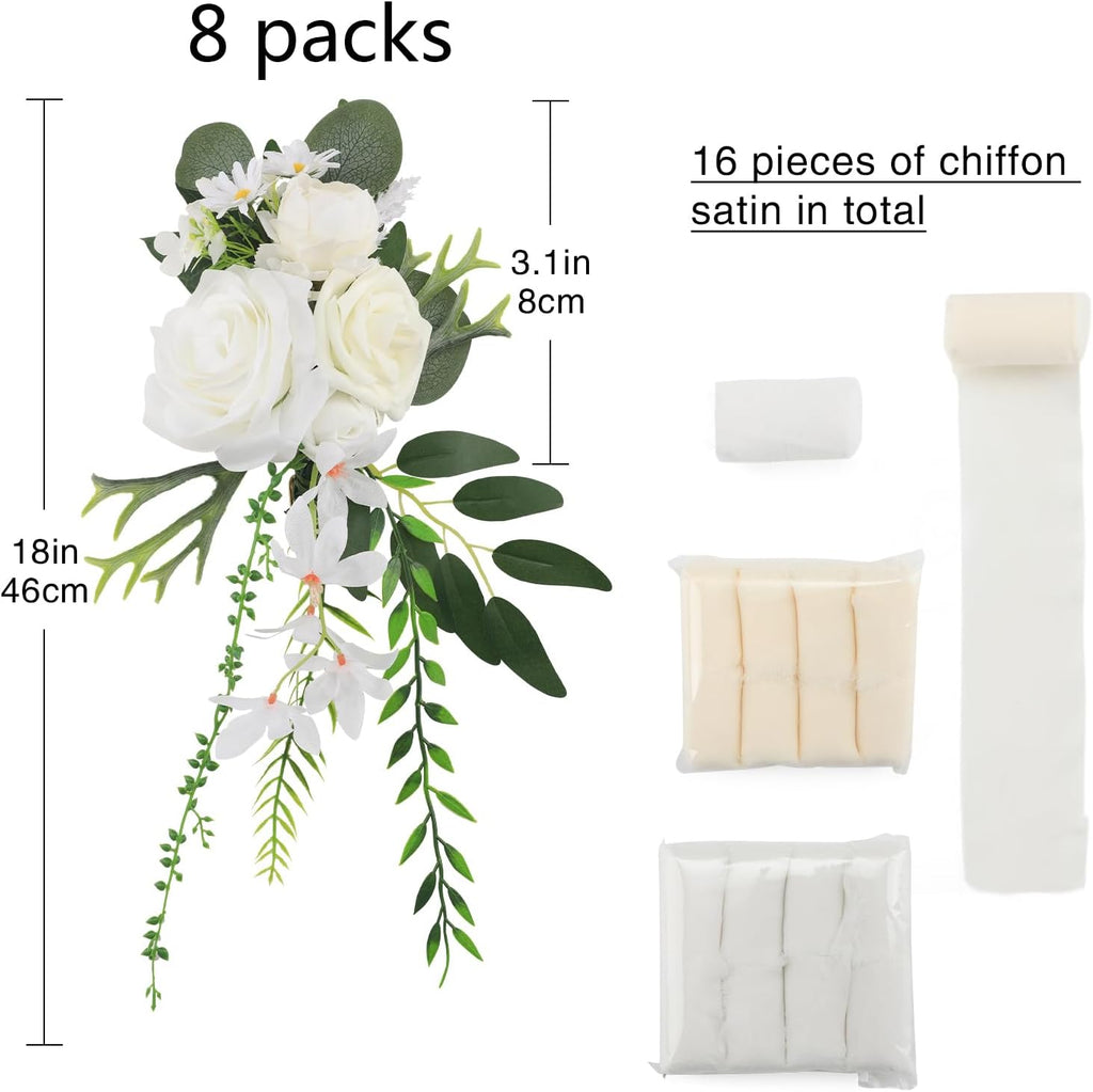 Wedding Aisle Decorations 8pcs Chair Decorations Artificial Flowers for Wedding Ceremony Party Chair Decor with Chiffon Ribbons(White)